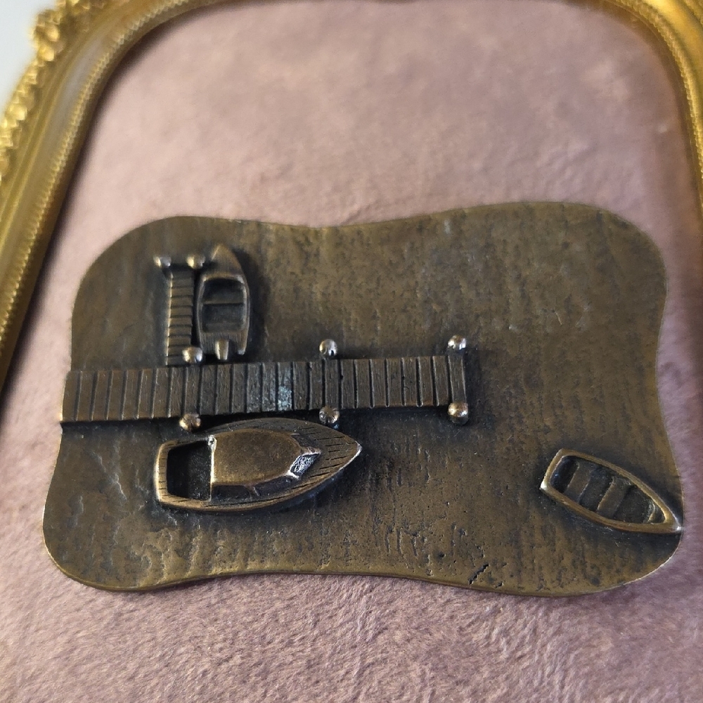 Vintage Bronze Dock Scene Brooch